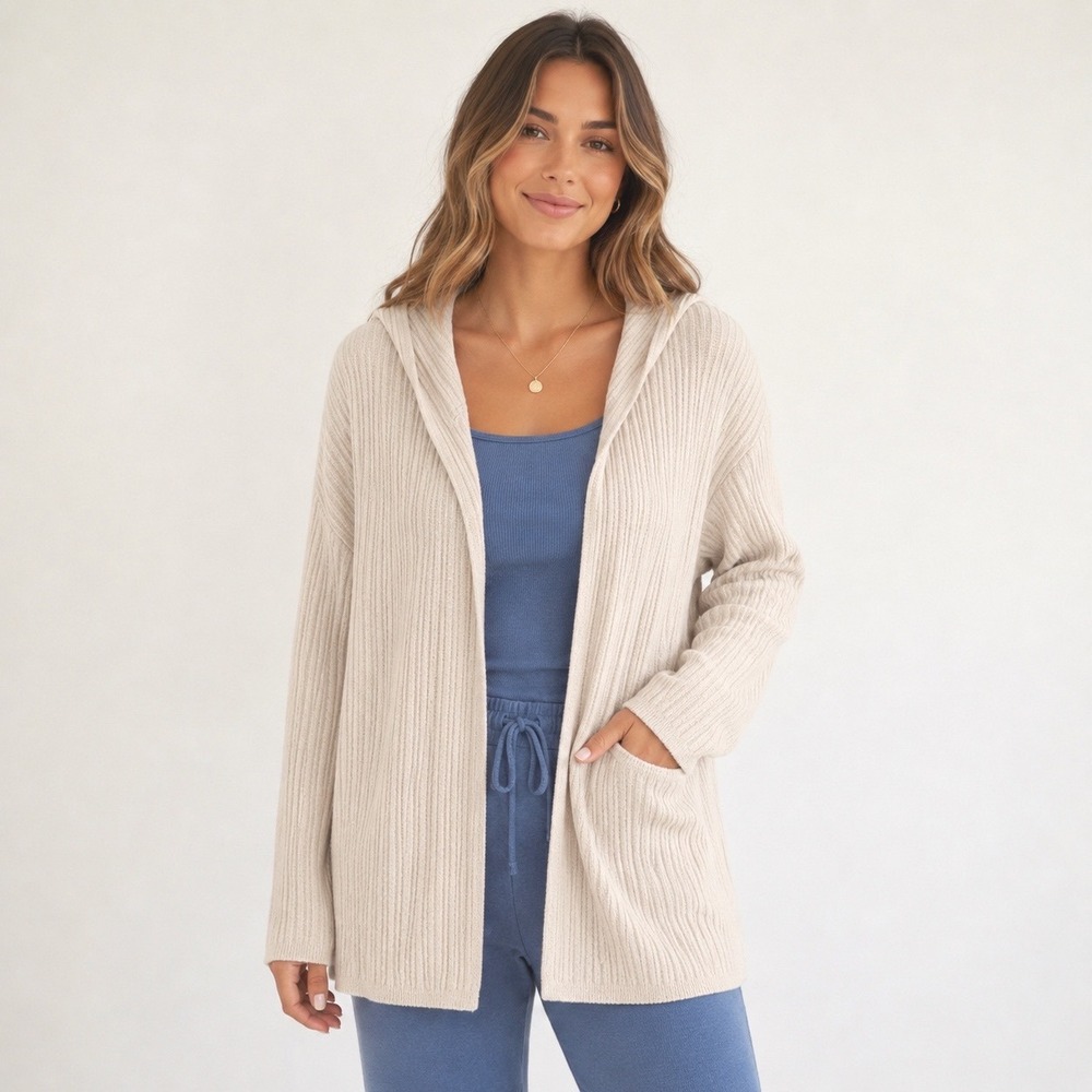 Barefoot Dreams Cardigan Womens 3X Beige CozyChic Ultra Lite Ribbed Hooded Soft